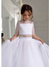 Two Piece White Lace Tulle Elbow Sleeve Flower Girl Dress